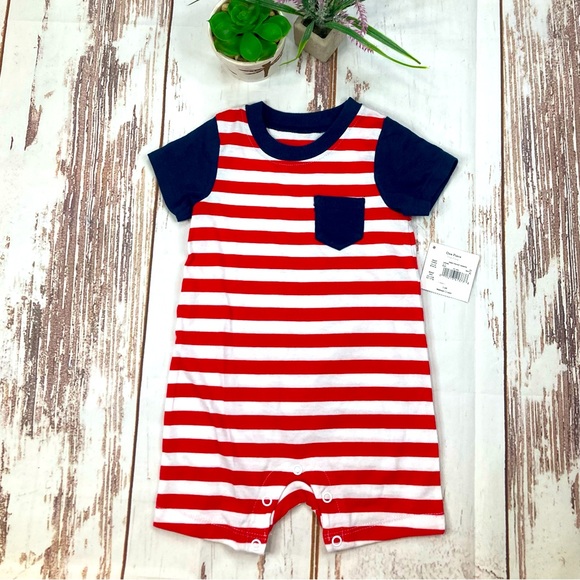 Way To Celebrate! Patriotic Pocket Romper Red White & Blue Striped Sz 3-6M - Picture 1 of 6